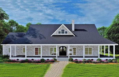 America's Best House Plans on Instagram: “Check out Plan 1776-00107, a 2,090 sq. ft. Country house plan with 3 bedrooms, 2 bathrooms, an open floor plan, a kitchen island, and a…” Ranch With Wrap Around Porch, House Plans Ranch, Southern Style House Plans, Porch Plans, Porch House Plans, Ranch House Plan, Country House Plan, Farmhouse Plan, Family House Plans