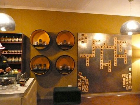 Huge Scrabble game on the wall Boardgames Cafe, Games Cafe, Giant Scrabble, Cafe Board, Board Game Room, Board Game Cafe, Game Cafe, Board Game Storage, Lobby Decor