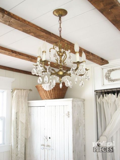 Farmhouse Style Lighting, Painted Wallpaper, Faux Beams, Wallpaper Borders, Farmhouse Master, Small Farmhouse, Master Bedrooms, Farmhouse Lighting, French Farmhouse