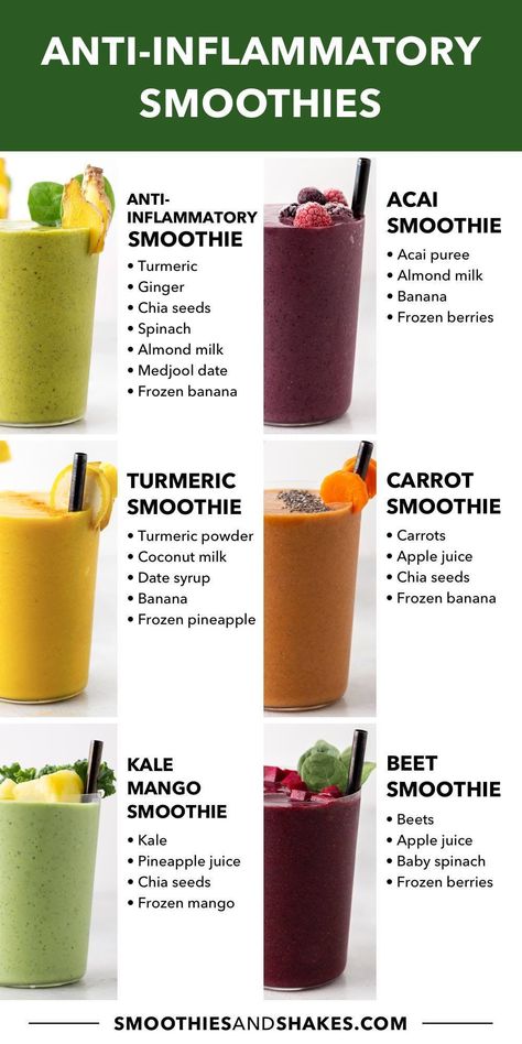 For a tasty way to reduce inflammation, try these healthy smoothie recipes. Each drink contains anti-inflammatory ingredients that are high in antioxidants, vitamins, fiber and healthy fats. #antiinflammatory #antiinflammatorysmoothies #healthysmoothies #antioxidants Inflammatory Smoothies, Carrot Smoothie, Anti Inflammation Recipes, Turmeric Smoothie, Inflammation Diet, Healthy Smoothie Recipes, Best Diet Plan, Inflammatory Foods, Mango Smoothie