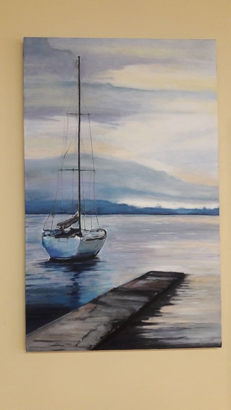 Boats On Water Painting, Painting Boats Acrylic, Sail Boat Paintings On Canvas, Sailboats Drawing, Boat Painting Simple, Sail Boats Painting, Sailboat Painting Acrylic, Sailboat Drawing, Ocean Art Painting