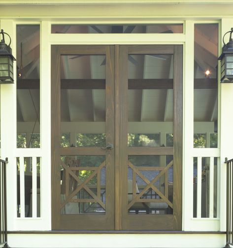 Screen Porch Doors Entrance, Door Joinery, Screened Porch Doors, Double Screen Doors, Lake Deck, Craftsman Cabinets, French Doors With Screens, Craftsman Houses, Craftsman Porch