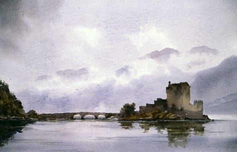 Castle Painting, Watercolor Clouds, Eilean Donan, Fantasy Worlds, Scotland Castles, Scottish Landscape, Watercolor Landscape Paintings, Watercolor Artists, Watercolor Art Lessons