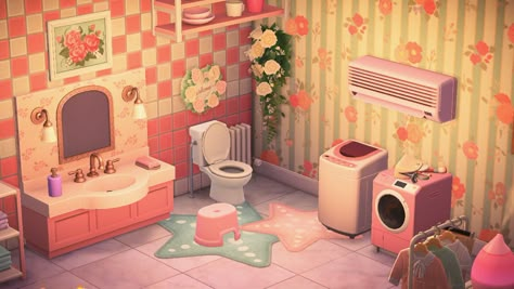 Acnh House Ideas Pink, Acnh Bathroom Designs, Acnh Pink Bathroom, Acnh Bathroom Ideas Pink, Acnh Pink House, Kawaii Acnh Codes, Animal Crossing Bathroom Ideas, Acnh Cute Bathroom, Pink Aesthetic Acnh Codes