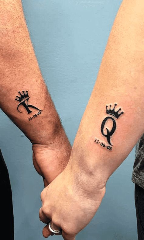 Couple Tattoo King And Queen, Couple Tattoos King And Queen, Small Husband And Wife Tattoos, Matching Husband And Wife Tattoos, Queen Tattoo Ideas, King And Queen Tattoo, King Queen Tattoo, Queen Tattoo Designs, Love Symbol Tattoos