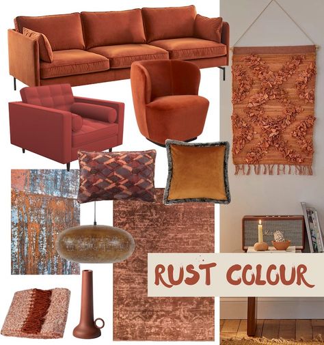 Rich Rust Colour Living Room Ideas Mood Board Rust Chairs Living Room, Rust Orange Sofa Living Room, Rust Furniture Living Room, Rusty Orange Living Room, Rust Mood Board, Rust Colored Furniture, Rust Coloured Sofa, Terracotta Sofa Living Room Ideas, Rust Colour Living Room