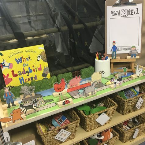 Eyfs Story Baskets, What The Ladybird Heard Eyfs Activities, National Story Telling Week Eyfs, On The Farm Eyfs, Ladybirds Eyfs, Eyfs Story Activities, Story Corner Ideas Eyfs, Eyfs Book Corner, What The Ladybird Heard Eyfs