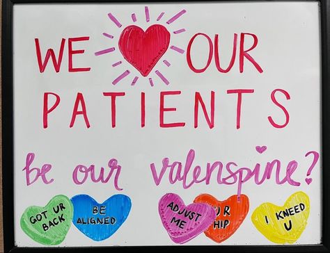 Chiropractic Valentine’s Day Whiteboard Chiropractic Valentines Humor, Chiropractic Valentines Day, Valentines Chiropractic Board, Valentine’s Day Whiteboard Ideas, Facial Supplies, Referral Ideas, Valentines Day Office, Upper Cervical Chiropractic, Valentine Bulletin Boards