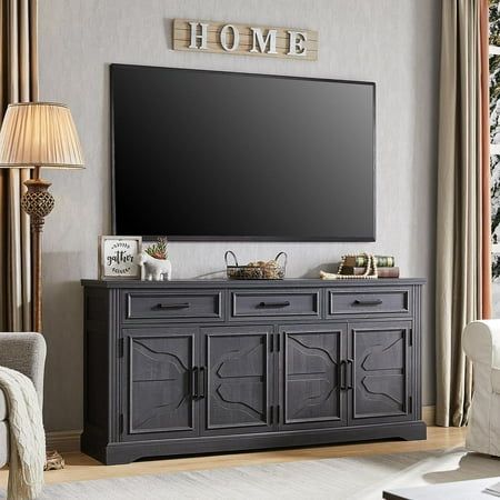 Add a touch of rustic elegance to your living room with this T4TREAM farmhouse-style TV stand. Its charming vintage design and sleek finish make it a perfect addition to any modern or traditional decor. Designed to hold and support TVs up to 75 inches in size, this TV stand ensures a secure and stable display for your large-screen TV. Enjoy your favorite shows and movies with a captivating cinematic experience. This TV stand features a spacious tabletop, 2 big double-door storage cabinets with adjustable shelves, and 3 sliding drawers, providing ample space to organize and store your media accessories, remote controls, DVDs, and other decor items. Keep your entertainment area clutter-free and organized. Size: One Size.  Color: Black. Farmhouse Style Tv Stand, Farmhouse Entertainment Center, Farmhouse Buffet, Media Console Table, Farmhouse Cabinets, Living Room Black, Media Furniture, Black Sideboard, Kitchen Sideboard