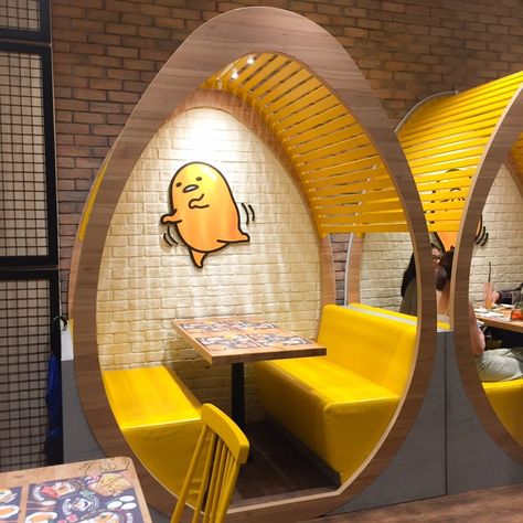 Gudetama Café Singapore | Sanrio Food Room Design, Egg Restaurant Design, Open Cafe Design, Gudetama Cafe, Cool Restaurant Design, Egg Gudetama, Cute Restaurant, Small Restaurant Design, Bar Deco