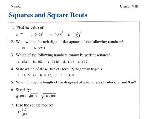 Natural Number, Square Roots, Class 8, Perfect Squares, Math Worksheet, Word Problems, Printable Worksheets, The Unit, Square