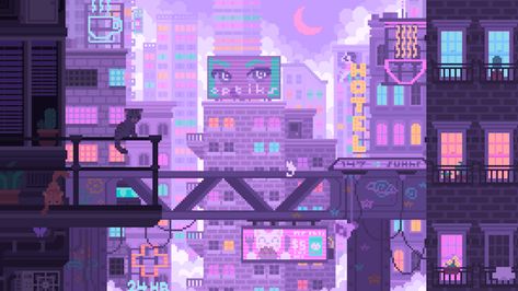 Pixel Art Banner, Discord Banner Gif, Gif Wallpapers, Pixel City, Gif Pixel, Pixel Art Gif, Banner Gifs, Gif Banners, Purple City