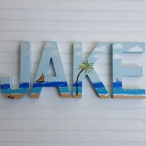 Wood Letter Painting, Girls Beach Theme Bedroom, Wood Letter Painting Ideas, Beach Letters, Wood Letter Crafts, Beach Theme Wall Decor, Boy Nurseries, Deer Head Wall Decor, Wall Decorating Ideas