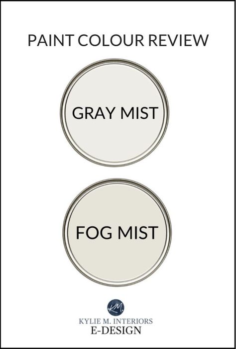 These two popular greige paint colours have a whole lot going on, including a bit of gray, greige, beige and EVEN CREAM. Learn about them from E-Design expert, Kylie M Interiors, DIY blogger. See if these colours will work for walls, any room, cabinets or exterior. #greige #taupe #warmgrey #paintedcabinets #greigecabinets #offwhite #benjaminmoore #kylieminteriors #kyliemedesign #edesign #colourconsultant #diy #updateideas #kitchenideas Fog Mist Cabinets, Fog Mist Paint, Benjamin Moore Gray Mist, Mist Paint Color, Benjamin Moore Winds Breath, Best Greige Paint Color, Colours That Go With Grey, Warm Neutral Paint Colors, Kylie M Interiors