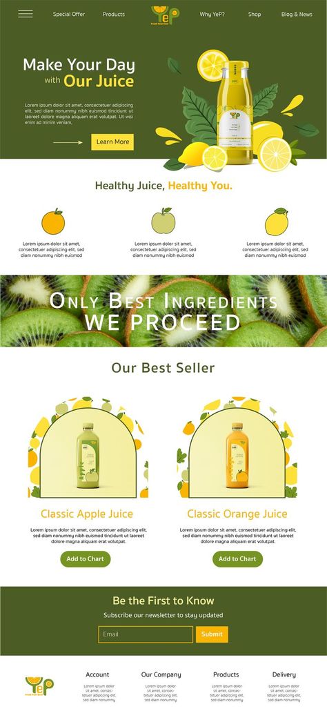 I designed a website layout for a brand that makes and distributes healthy and delicious juice. YEP Juice. Would you like to see the brand identity from this website design? Just click the link. Healthy Website Design, Food Website Design Inspiration, Cafe Website Design, Healthy Website, Cafe Logos, Food Website Design, Cafe Website, Juice Ad, Juice Logo