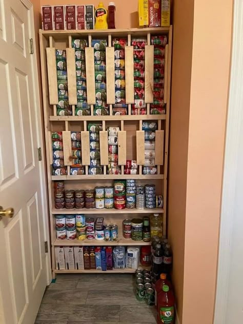 Canned Storage Ideas, Country Pantry Ideas, Garage Food Storage, Can Storage Ideas, Canned Goods Storage, Canned Good Storage, Shallow Pantry, Pantry Diy, Food Storage Rooms