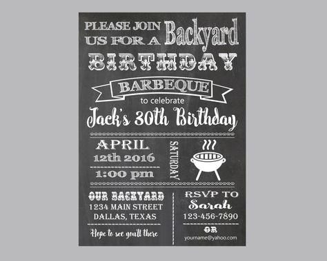 BBQ Birthday Invitation. Chalkboard BBQ Adult Barbeque Birthday Party. 1st 2nd 3rd 30th 40th 50th 60th 70th 80th any age, Printable by Belgartstudio on Etsy https://www.etsy.com/listing/257335506/bbq-birthday-invitation-chalkboard-bbq Barbeque Birthday Party, Barbecue Birthday Party, Bbq Birthday Party, Bbq Birthday, Barbeque Party, Birthday Bbq, Backyard Birthday, Party Labels, 40th Birthday Cakes