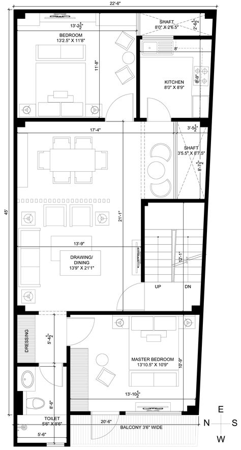 The typical floor plan has two bedrooms, one bathroom, a kitchen, and a big living-dining hall. A good size shaft is placed for ventilation of the living-dining hall in which landscaping will be done and chairs will be placed outside it. For more details click on link... Chamber And Hall Apartment Plan, 4 Bedroom Apartment Floor Plans, 1 Bedroom Apartment Floor Plan, Luxury 1 Bedroom Apartment, Apartment Floor Plans Luxury, 2 Bedroom Apartment Floor Plan, Apartment Plan, Bathroom Ventilation, Dining Room Floor