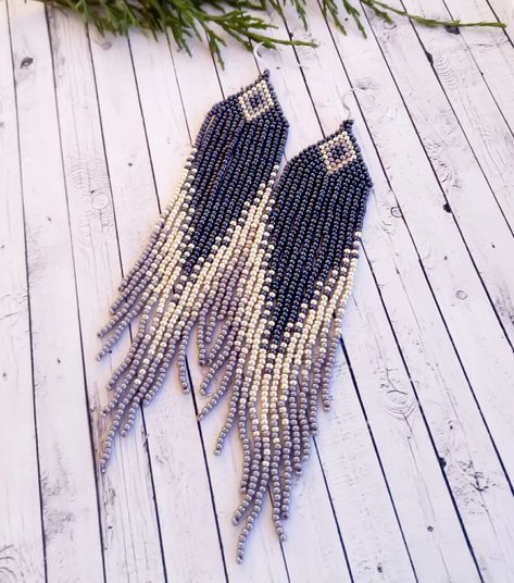 Beaded Fringe Earrings Gray Beaded Earrings Ear Hook 925 | Etsy Fringe Earrings Diy, Silver Long Earrings, Beadwork Jewelry, Beautiful Beaded Earring, Seed Bead Jewelry Patterns, Beaded Jewelry Earrings, Stitch Earrings, Ombre Earrings, Beaded Fringe Earrings