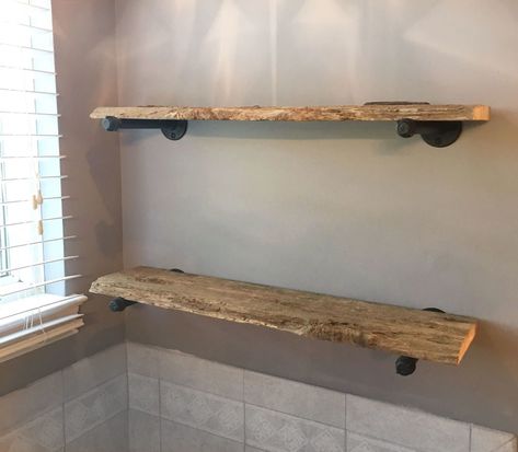 How to Build DIY Rustic Industrial Shelves From Reclaimed Barnwood Industrial Shelves, Barnwood Shelves, Barn Wood Decor, Rustic Wooden Shelves, Reclaimed Wood Shelves, Barn Wood Projects, Small Bedroom Designs, Bathroom Red, Rustic Bathroom Decor