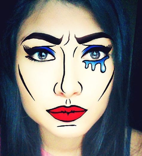 #popart #comic #comicpopart #snapchat Comics Makeup Pop Art, Pop Art Halloween Costume, Comic Book Makeup, Comic Makeup, Adult Face Painting, Cartoon Makeup, Pop Art Makeup, Comic Face, 50s Women