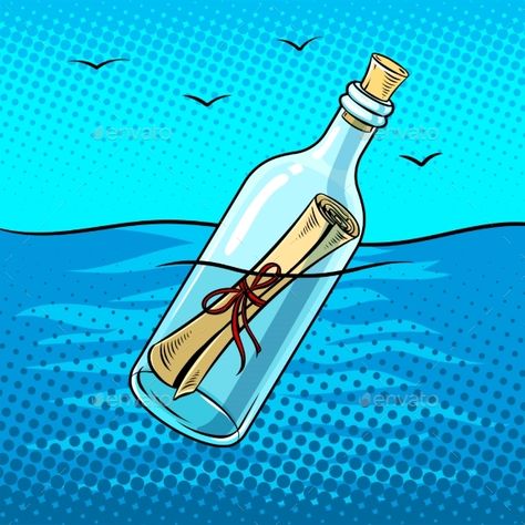 Message in Bottle Pop Art Vector Illustration Message In Bottle, Halftone Illustration, Pirate Cartoon, Pop Art Vector, Bottle Logo, Sea Drawing, Dotted Drawings, Retro Vector Illustration, Romantic Drawing