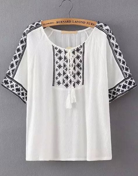 White Knotted Collar Tribal Embroidered Blouse | SHEIN Áo Blu, Eastern Dresses, Embroidered Blouse Designs, Blouse Pattern Sewing, Pretty Blouses, Kurta Designs, Embroidery Dress, Embroidered Blouse, White Blouse