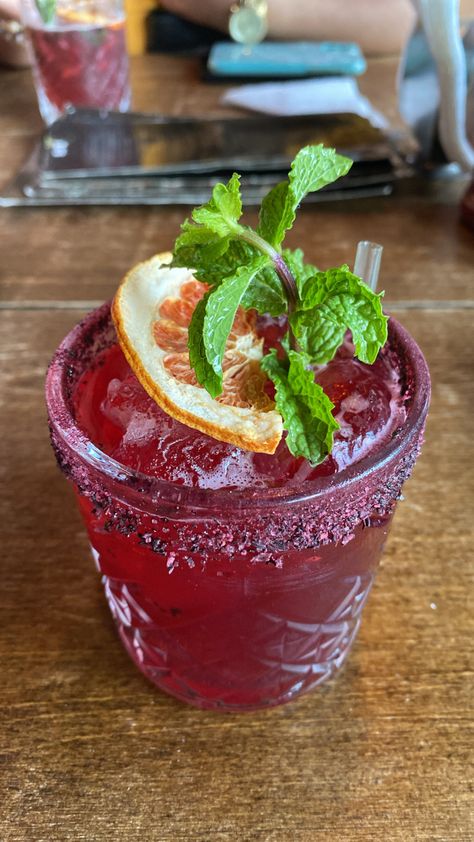 Jamaica Mezcal Cocktail with sugar rim topped with an orange Mezcal Cocktails, Jamaica, Drinks, Collage, Pins