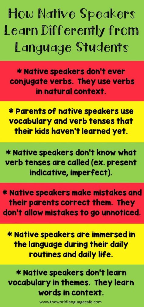 Why native speakers learn differently than language students. World Language, Teaching Philosophy, Learn Languages, Learn A Language, Spanish Teaching Resources, French Classroom, Esl Teachers, Spanish Language Learning, English Language Learners