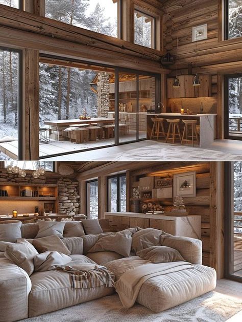 Chalet Sofa Couch, Living Room With Mountain View, Alpine Chalet Exterior, Mountain Chalet Interior, Luxury Ski Chalet Exterior, French Alps Chalet, Ski Cabin, Mountain Chalet, Cabin Interior Design