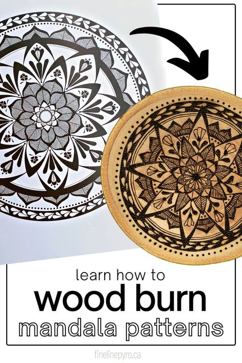 a round wood slice with a mandala design that looks the same as the mandala design on the paper beside it. Round Wood Burning Patterns, Pyrography Art Ideas, Wood Burning Mandala, Free Wood Burning Patterns Printables, Mandala Pyrography, Mandala On Wood, Spool Table, Pyrography Ideas, Woodburning Ideas