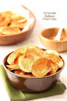 Crispy homemade potato chips tossed in a spicy barbecue seasoning are easier to make at home than you think! Recipes for baked potato chips and fried potato chips provided. Homemade Potato Chips Recipe, Barbecue Chips, Homemade Potato Chips, Bbq Chips, Baked Potato Chips, Potato Chip Recipes, Chip Recipes, Homemade Barbecue, Homemade Chips