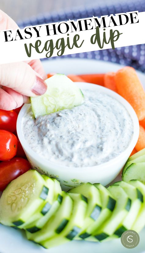 veggie dip in bowl with cucumber being dipped surrounded by other raw vegetables Veggie Dips Easy, Best Veggie Dip Recipe, Easy Veggie Dip Recipe, Homemade Dips For Veggies, Dips For Veggie Trays, Veggie Dips Recipes, Veggie Dip Recipe Sour Cream, Vegetable Dips Recipes Easy, Veggie Dip Healthy