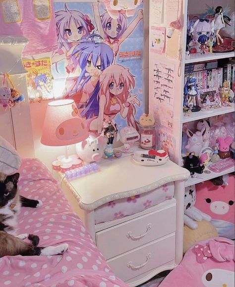 @/cryptidcarousel on ig Mitsuri Bedroom, Cutecore Room, Web Core, Kawaii Room Ideas, Kawaii Bedroom, Otaku Room, Hello Kitty Rooms, Pink Room Decor, Cute Bedroom Ideas