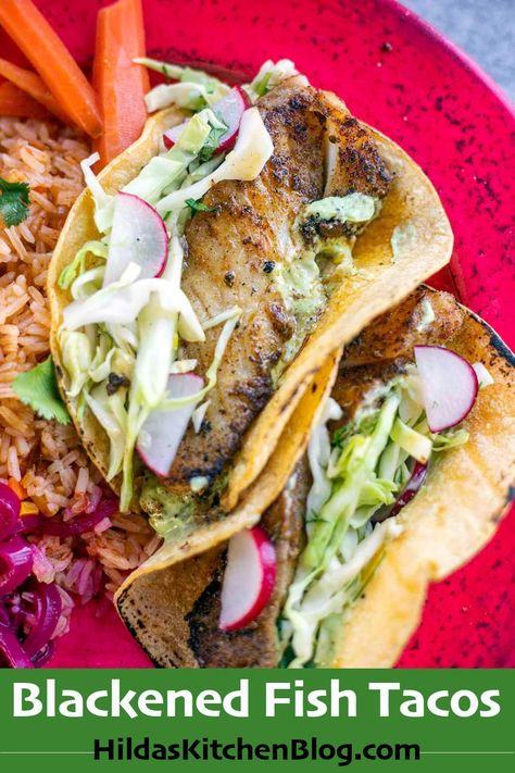 These blackened fish tacos are perfectly seasoned and only take 4 minutes to cook so they're great for a last minute dinner idea! The spicy slaw and creamy avocado sauce take them over the top! Assyrian Recipes, Blackened Cod, Guacamole Sauce, Spicy Slaw, Blackened Fish Tacos, Blackened Fish, Blacken Fish, Creamy Avocado Sauce, Small Cabbage