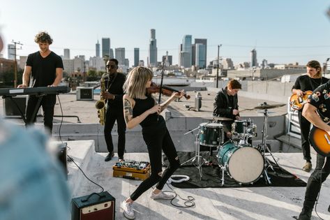 Music Band Photoshoot, We All Fit Together, Band Photography Outdoor, Band Photoshoot With Instruments, Band On Stage, Band Live Photography, Sofar Sounds, Woman Playing Violin, Band Shoot