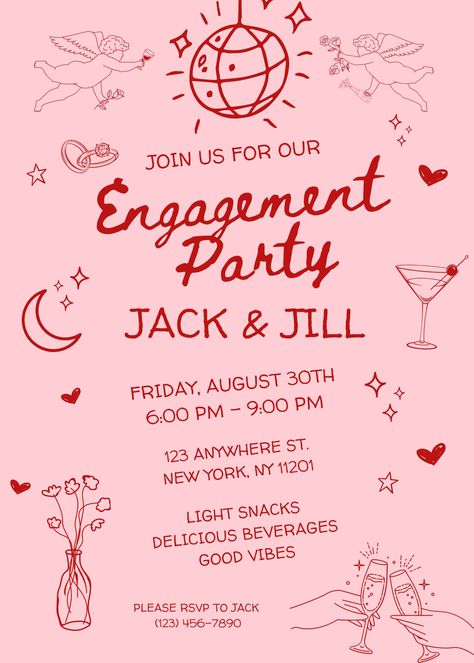 Grab this vibrant funky and unique engagement party invite! The colors, font, and imagery present a romantic and playful vibe with a light pink background and red accents, featuring elements like hearts, stars, a disco ball, a crescent moon, and a martini glass. It also uses a handwritten-style font that adds a personal touch. The digital file includes instructions for how to customize on Canva. Colourful Engagement Party, Engagement Party Disco, Valentines Engagement Party, Engagement Party Vintage, Unique Engagement Party, Wlw Wedding, Engagement Party Themes, Engagement Invite, Bride Planning