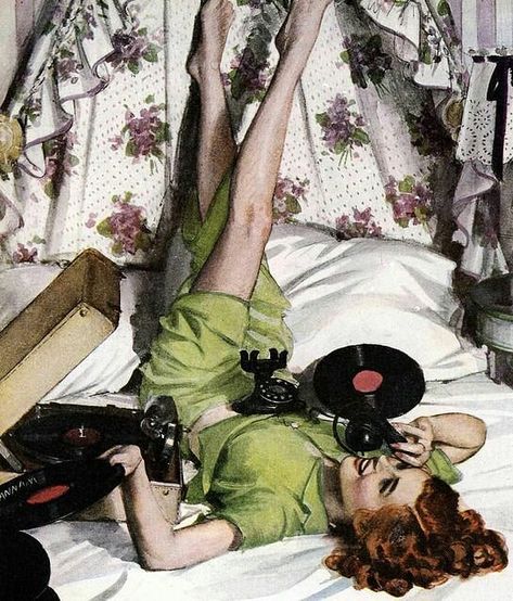 Friday mood - Relax and listen to some music. Art by John Gannam. . . #fridayfeeling  #relaxation #vintageillustration #records  #johngannam Roger Wilkerson, Bed Art, Record Player, Listening To Music, Bed, Music, Art, Record Players