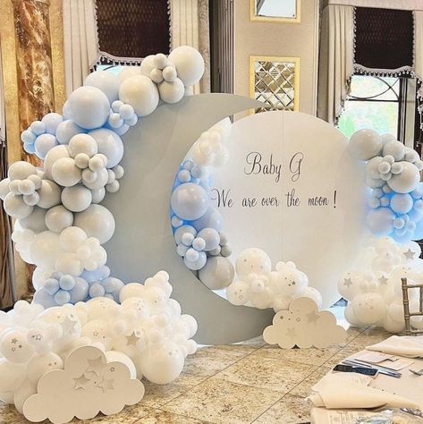 Double Blue Balloon Garland Arch Kit, White Balloons, Winter Wonderland Theme, Double Grey Balloon Arch for Boy Baby Shower First Birthday - Etsy UK Cloud Theme Balloon Garland, Moon Balloon Decoration, Over The Moon Backdrop Ideas, Baby Boy Cloud Shower Ideas, Cloud Theme Backdrop, Moon And Cloud Baby Shower Theme, Over The Moon Backdrop, Moon Theme Baby Shower Ideas, Cloud Balloon Garland