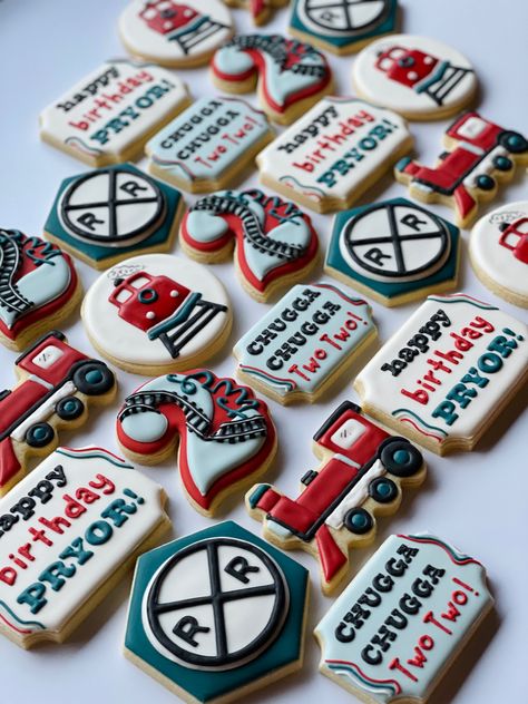 Chugga Chugga Two Two Cookies, Chugga Chugga Two Two 2nd Birthday Cookies, Chugga Chugga Two Two 2nd Birthday Cake, Train Party Cookies, Train Second Birthday Party, Train Theme Cookies, Train Birthday Party Cookies, Train 2nd Birthday Party, Train Cookies Decorated