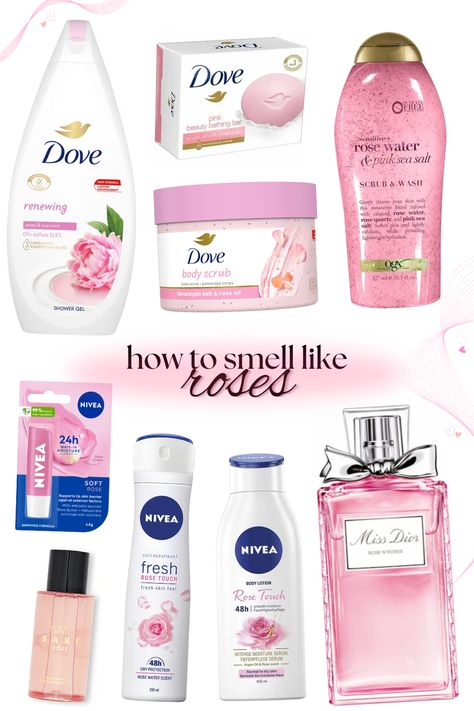 how to smell like roses, dove rose body wash, dove rose bar soap, dove rose body scrub, ogx rose water scrub & wash, nivea rose lip balm, nivea rose deodorant, niveo rose touch body lotion, victoria's secret bare rose fragrance mist, miss dior rose n roses, pink girly shower routine Miss Dior Perfume Rose N Roses, Pink Dove Body Wash, How To Smell Like Peonies, Dove Body Care Routine, Rose Body Products, Rose Body Care Products, Floral Shower Routine, Rose Scented Shower Routine, Rose Shower Routine