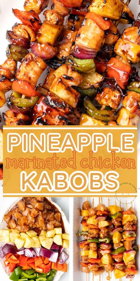 Fire up the grill and makes these sweet & delicious Pineapple Chicken Kabobs for dinner. Chunks of marinated chicken, bell peppers, fresh pineapple, and red onion is all it takes. The simple marinade consists of bbq sauce, teriyaki sauce, and pineapple juice for the best flavor! Chicken Kabobs Sides Dishes, Pork Kabob Marinade, Pineapple Juice Marinade, Cabin Recipes, Chicken Bell Peppers, Pineapple Chicken Kabobs, Simple Marinade, Chicken Lickin, Teriyaki Chicken And Rice