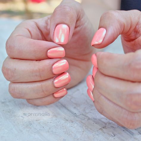 @_wormnails ❥ san antonio, tx Coral Glazed Nails, Crome Nails Peach, Coral Nails With Chrome, Sherbert Nails, Chrome Beach Nails, Coral Chrome Nails, Peach Chrome Nails, Gel Short Nails, Salmon Nails