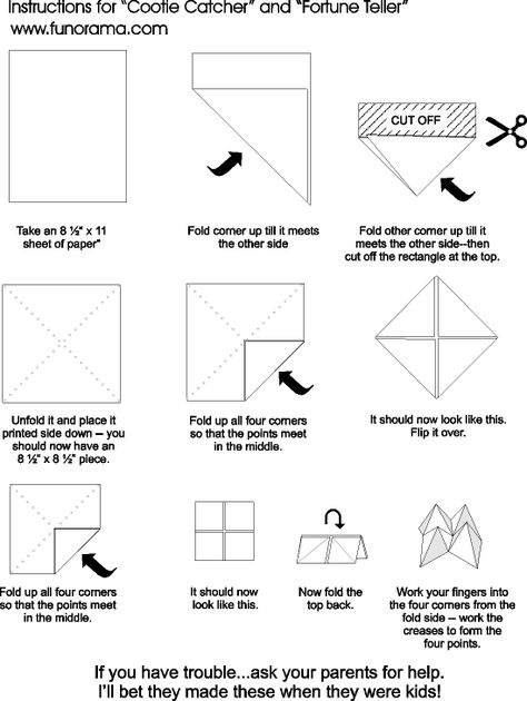 Remember these things?  I loved them as a kid.  We used them to tell our fortune- like who we were going to marry.  Our local school supply store gave out a summer learning packet when I went in recently.  They had a cute ide that I made for my kids.  It’s a cootie catcher already … Borders Journal, Sanrio Minecraft, Cootie Catcher Template, Folding Template, Origami Fortune Teller, Game Paper, Fortune Teller Paper, Houses Minecraft, Origami Lampshade