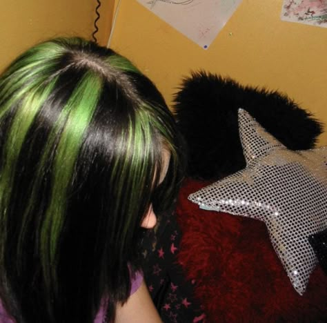 Highlight Hair Ideas, Green Hair Streaks, Neon Green Hair, Skunk Hair, Highlight Hair, Goth Hair, Hair Streaks, Dyed Hair Inspiration, Hair Dye Ideas