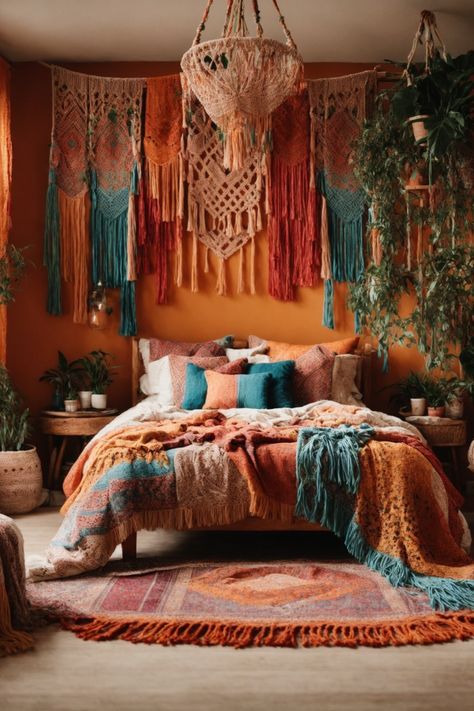 Embark on a tranquil retreat in this warm Bohemian bedroom haven. The rich earthy tones playfully intertwine with whimsical textures, creating a cozy ambiance. Amidst amber walls, the lush bed invites rest, adorned with multicolored fabric layers. Crochet drapes and rustic wooden touches encapsulate boho chic elegance. Abundant potted greens interspersed across the room inject a lively essence. Large Bohemian Bedroom, Boho Bedroom Accessories, Colorful Boho Interior, Colorful Boho Home, Moroccan Bedroom Decor, Colorful Boho Bedroom, Moroccan Inspired Bedroom, Hammock In Bedroom, Bohemian Decor Inspiration