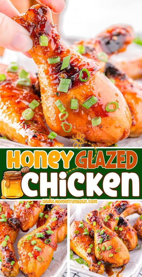 This quick and easy Honey Glazed Chicken is the perfect balance of sweet and savory! Juicy, tender chicken coated with a rich, sticky honey glaze creates a mouthwatering flavor that will leave you wanting more. Perfect for a weeknight dinner or even a special occasion. | MomOnTimeout.com Honey Glazed Chicken And Potatoes, Chicken Wing Dishes For Dinner, Honey Glazed Chicken Drumsticks, Honey Glazed Chicken Recipes, Honey Glaze For Chicken, Gf Lunch, Honey Baked Chicken, Chicken Wing Recipes Fried, Slow Cooker Appetizers