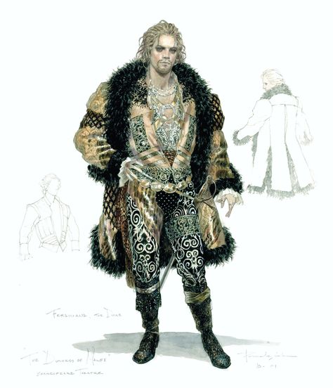 “Duchess of Malfi”, costume for the Ferdinand.  Original design sketch by Robert Perdziola. Watercolor and gouache, 2001 Robert Perdziola, Costume Renderings, Costume Sketches, Costume Illustration, Costume Design Sketch, Men Costume, Creature Artwork, Art Costume, Theatre Costumes