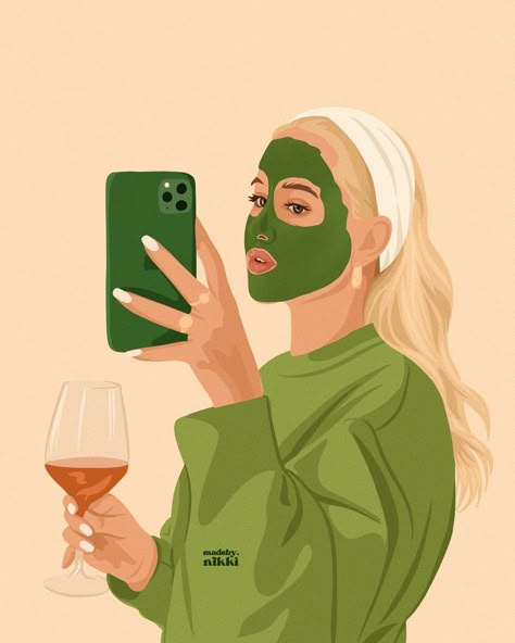 Green For Wallpaper, Selfcare Illustration Art, Self Care Illustration Art Aesthetic, Skincare Drawing Illustration, Skin Care Art Illustration, Skincare Aesthetic Illustration, Skincare Wallpaper, Self Care Illustration, Happiness Illustration