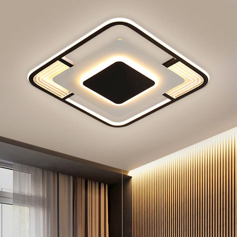 Simple Squared LED Ceiling Fixture Acrylic Sleeping Room Flush Mount Lamp in Black/Gold, Warm/White/3 Color Light Modern Ceiling Lamps, Modern Led Ceiling Lights, Sleeping Room, Metal Hanging Lights, Semi Flush Mount Lighting, Modern Ceiling, Outdoor Wall Lamps, Wall Mounted Light, Led Ceiling Lights